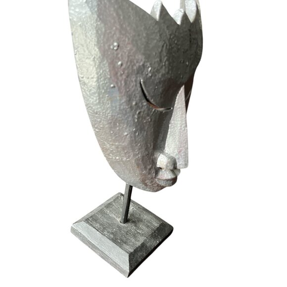 WOODEN MASK Decor Theatre Silver on Wooden Base 12 1/2" High - Picture 3 of 7